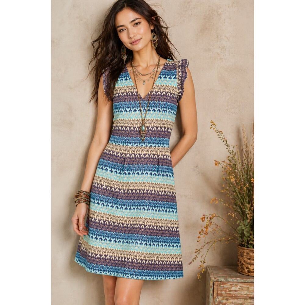 Tabitha Anthropologie Knit Jacquard Dress Sz 0 Fit & Flare Ruffle Sleeve